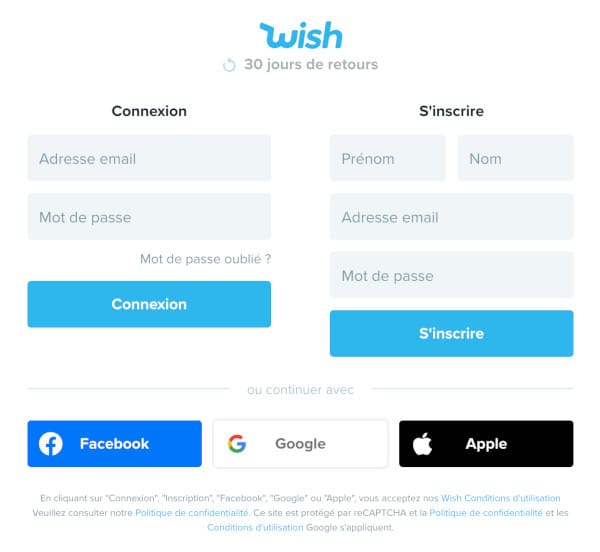 Wish mon compte : connexion et inscription