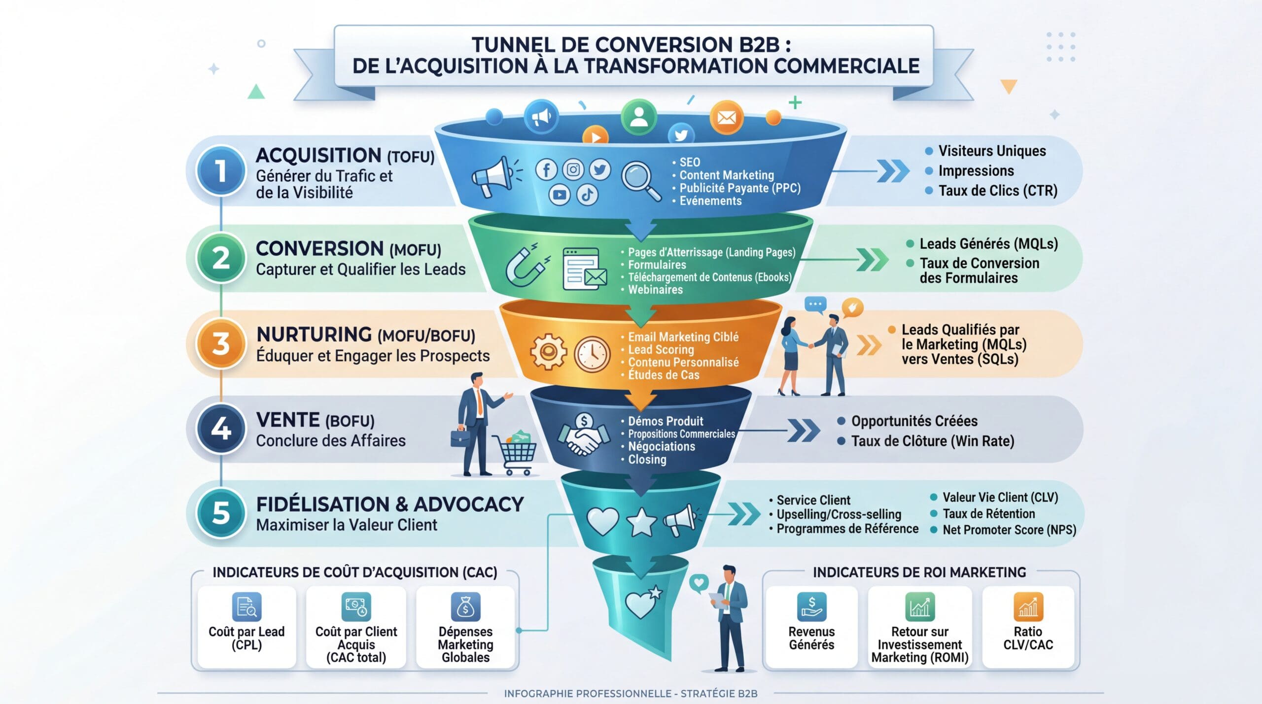 qualifier vos leads, tunnel de conversion B2B, ROI marketing, coût d’acquisition, étapes de transformation commerciale