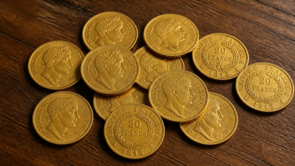Pièces d'or de 20 francs Napoléon posées sur une table