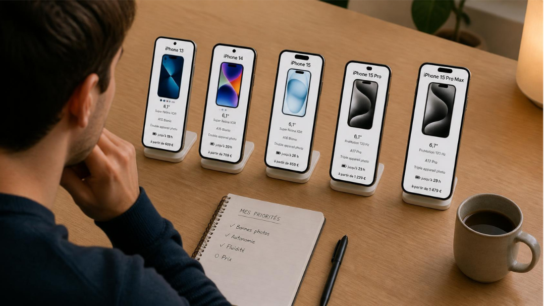 Utilisateur comparant plusieurs modèles d'iPhone avant son achat