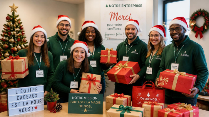 equipe à remise de cadeau pour noel par l'entreprise