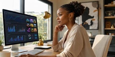 Femme analysant des données sur un écran dans un bureau moderne